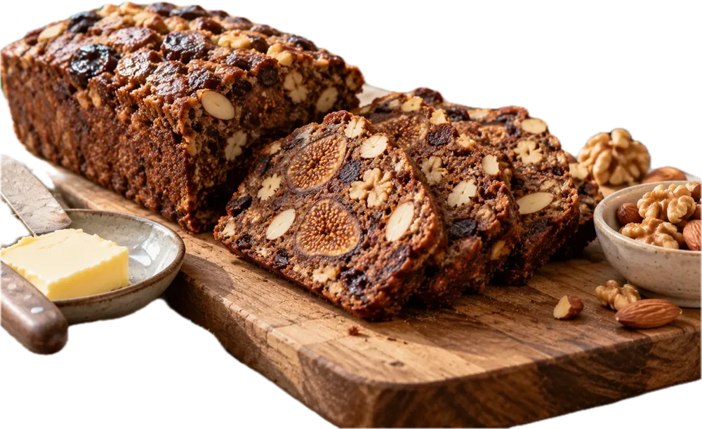 Angeschnittenes Kletzenbrot mit Feigen und Nüssen auf einem Holzbrett