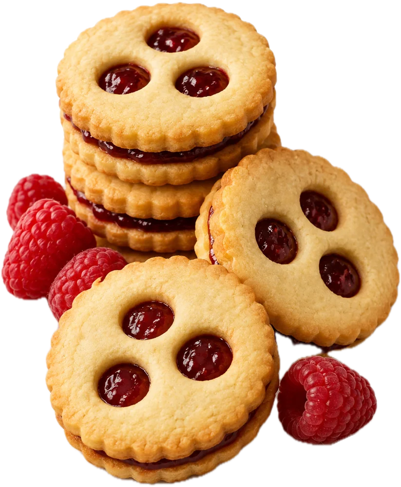 Linzer Augen mit Himbeerfülle und frischen Himbeeren, ohne Staubzucker