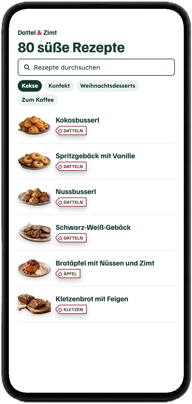 Die App mit den Rezepten, sortiert nach Kekse, Konfekt, Weihnachtsdesserts und Kuchen