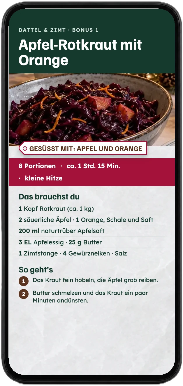 Das Rezept für Apfel-Rotkraut mit Orange aus dem Bonus, auf einem Handy