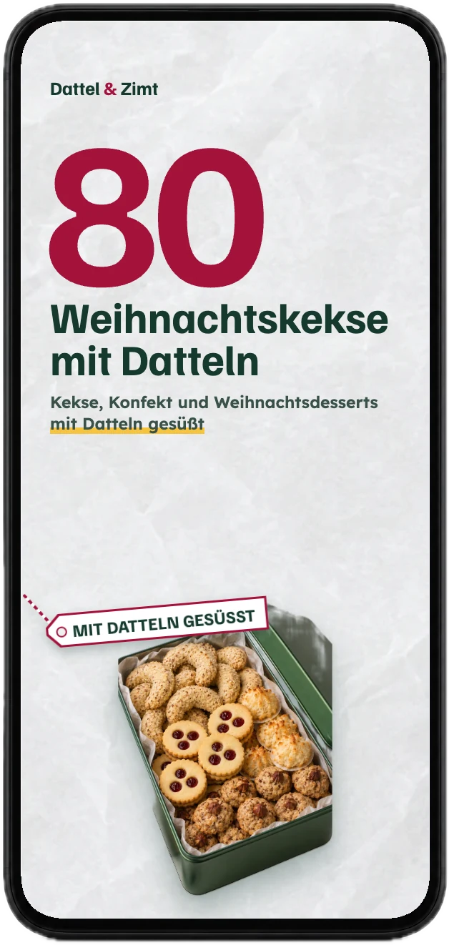 Titelseite des Backbuchs „Weihnachtskekse mit Datteln“ mit 80 Rezepten auf einem Handy