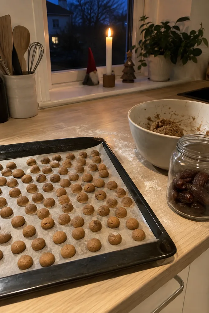 Backblech mit frisch gebackenen Keksen auf der Arbeitsplatte an einem Novemberabend