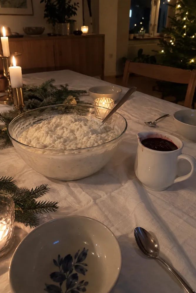 Milchreis und heiße Kirschen auf dem gedeckten Tisch am Heiligen Abend