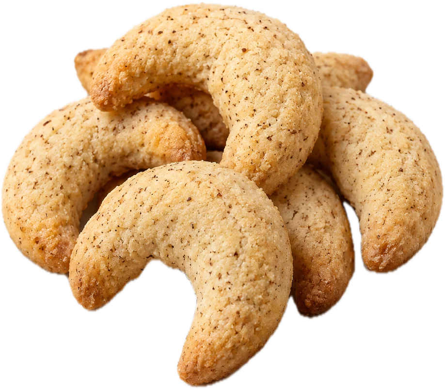 Vanillekipferl, in geriebenen Mandeln gewälzt, mit Vanilleschote